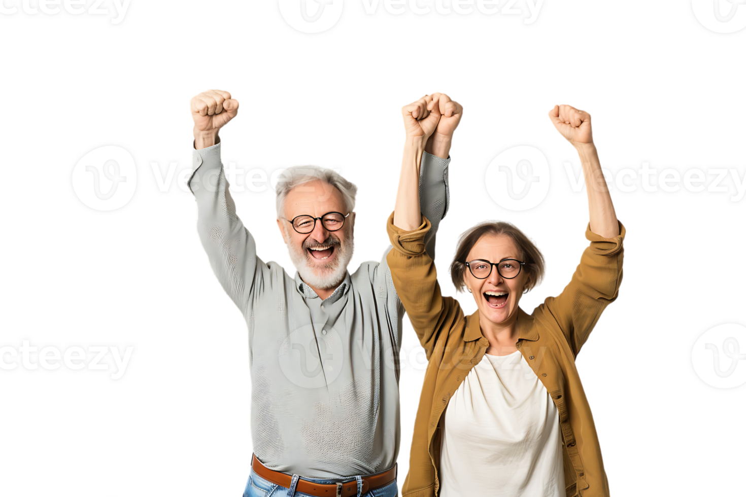 Elderly couple celebrating happily, photographed against a transparent background png