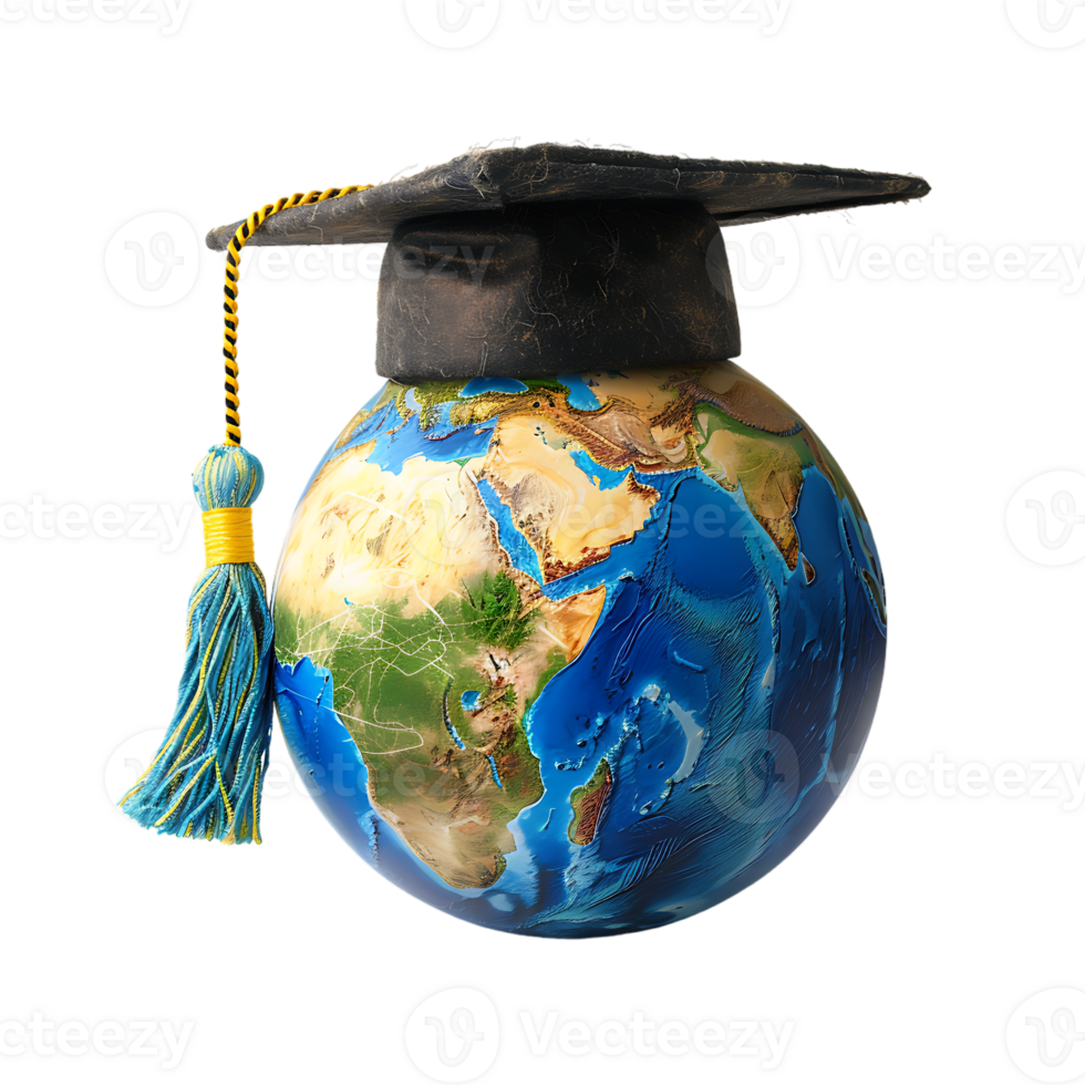 Earth globe with a graduation cap, isolated against a transparent background png