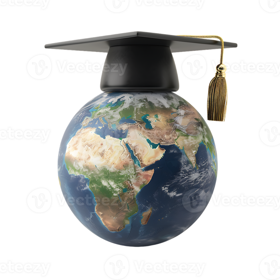 Earth globe with a graduation cap, isolated against a transparent background png