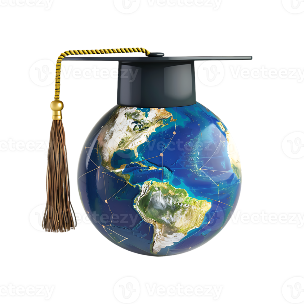 Earth globe with a graduation cap, isolated against a transparent background png