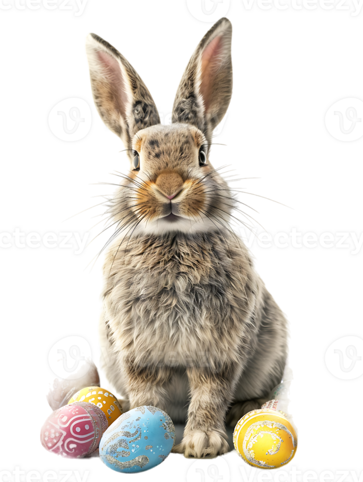 Easter bunny surrounded by Easter eggs, isolated against a transparent background png