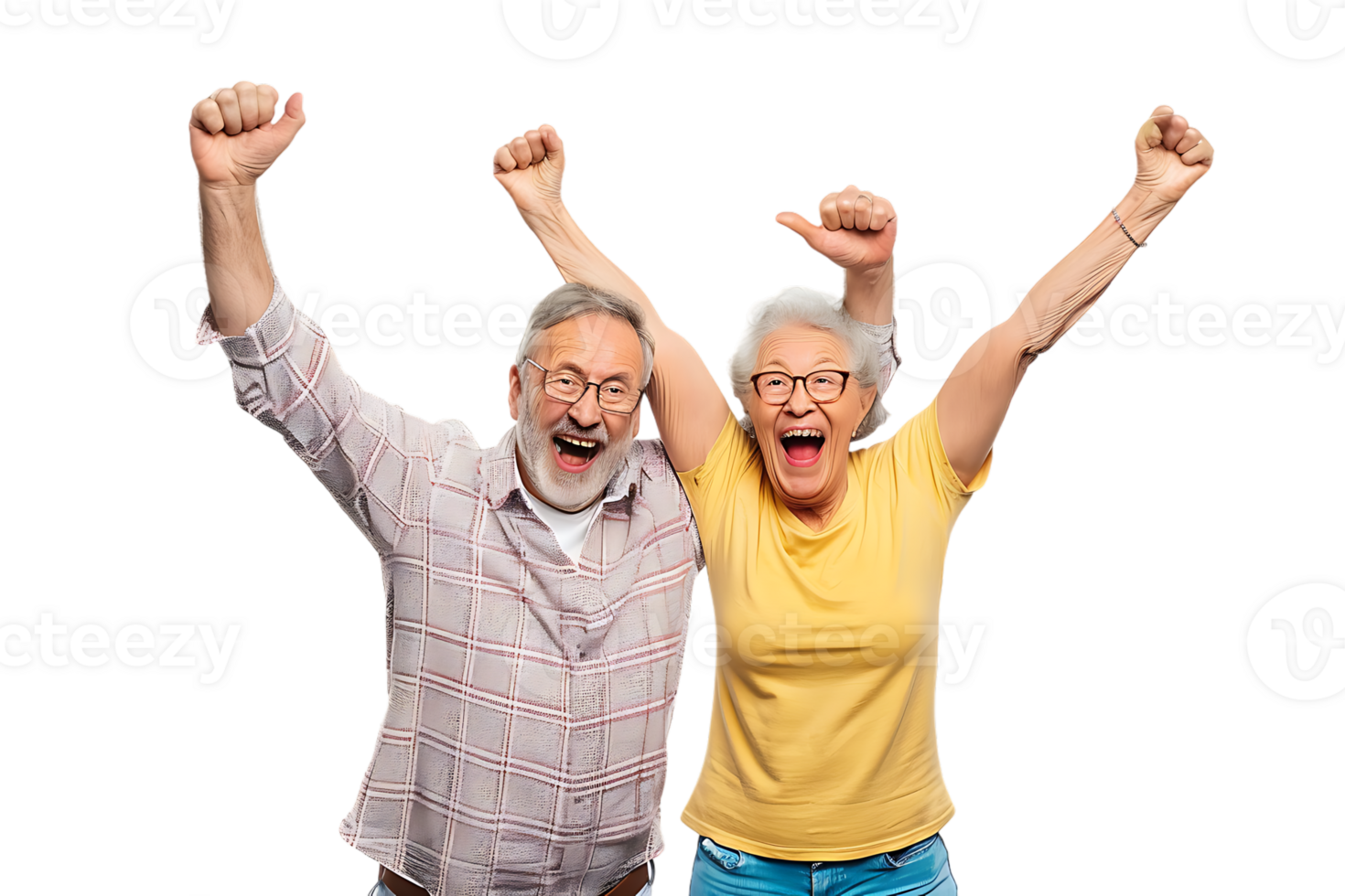Elderly couple celebrating happily, photographed against a transparent background png