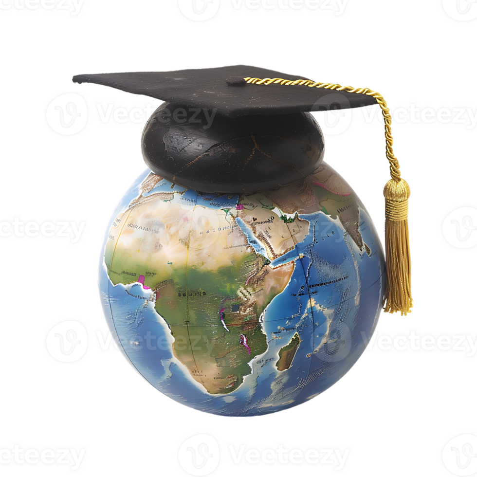 Earth globe with a graduation cap, isolated against a transparent background png