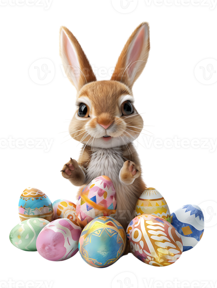 Easter bunny surrounded by Easter eggs, isolated against a transparent background png