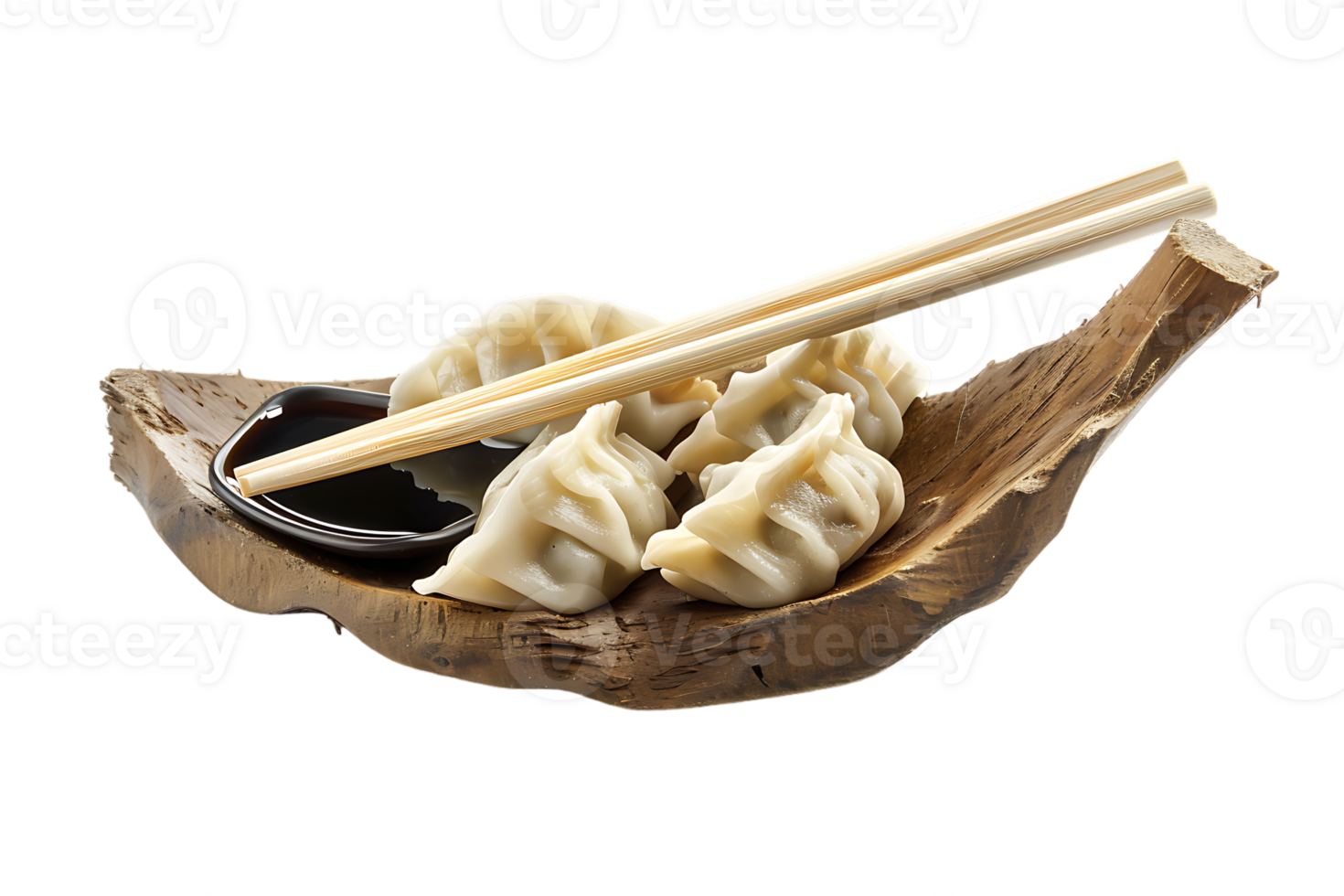 Dumplings with soya sauce on a branch, isolated against a transparent background png