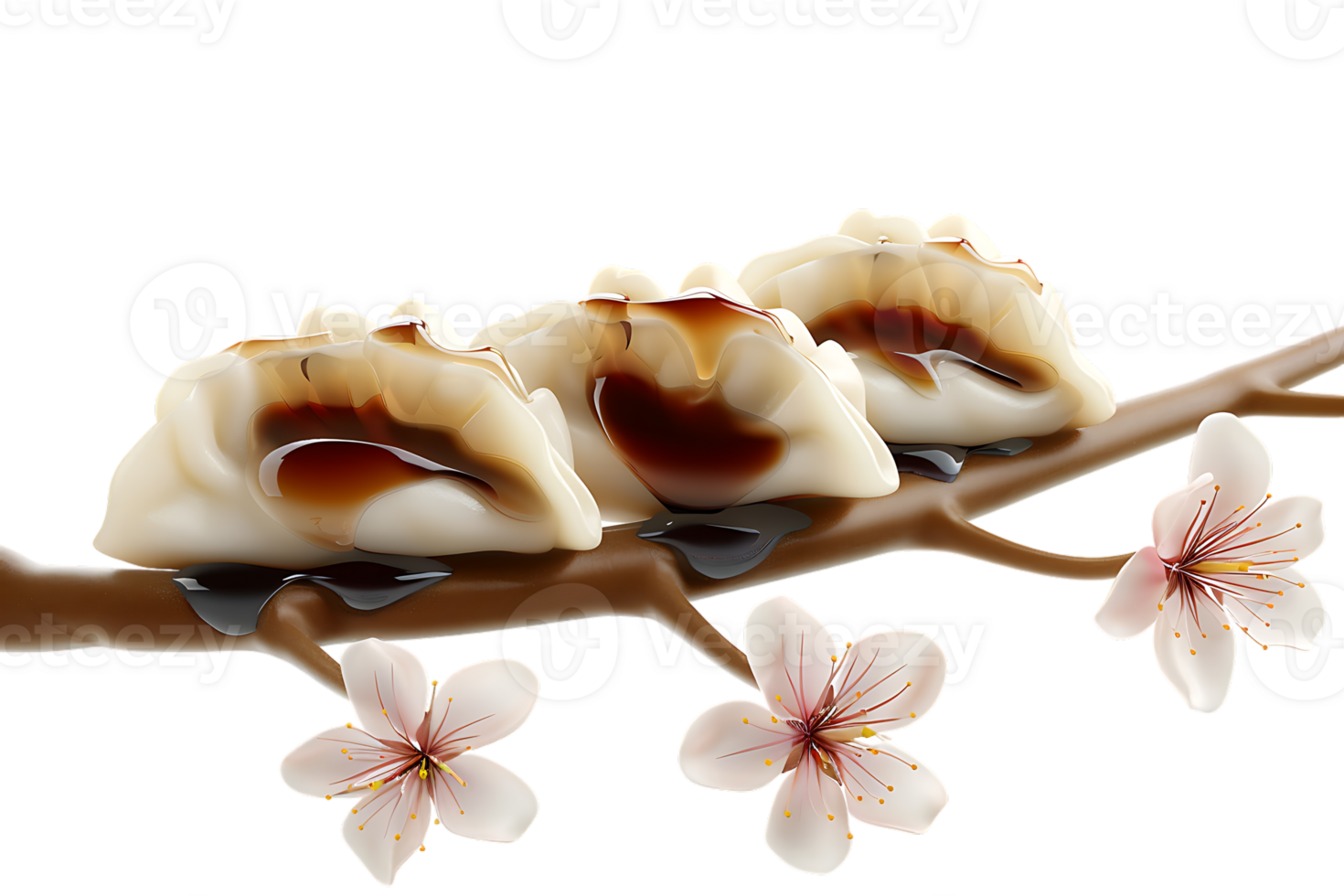 Dumplings with soya sauce on a branch, isolated against a transparent background png