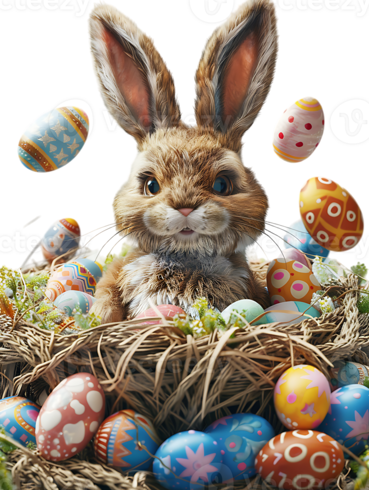 Easter bunny surrounded by Easter eggs, isolated against a transparent background png