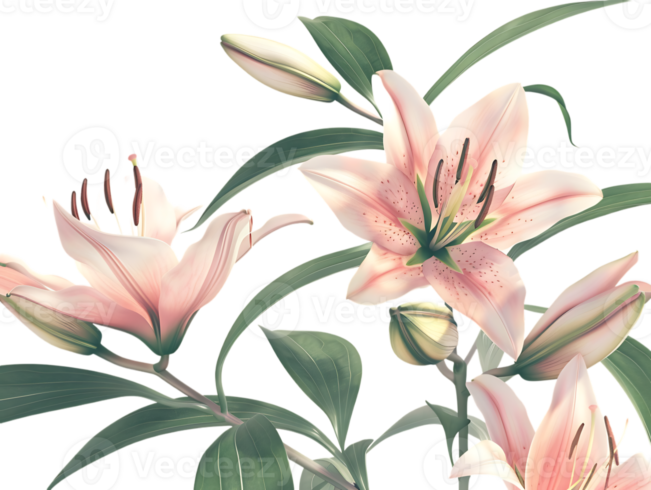 Elegant blooming lilies with buds, against a transparent background png