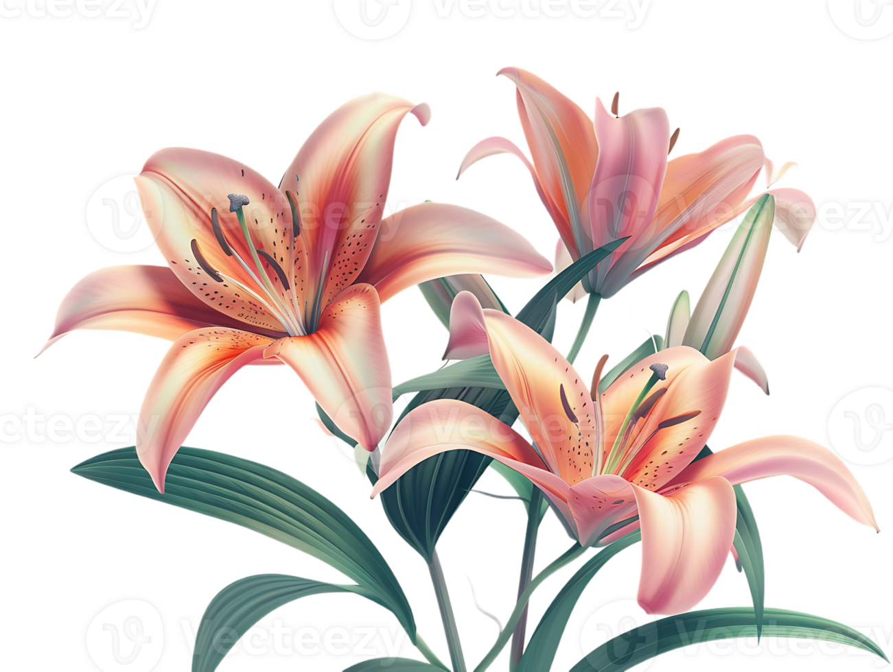 Elegant blooming lilies with buds, against a transparent background png