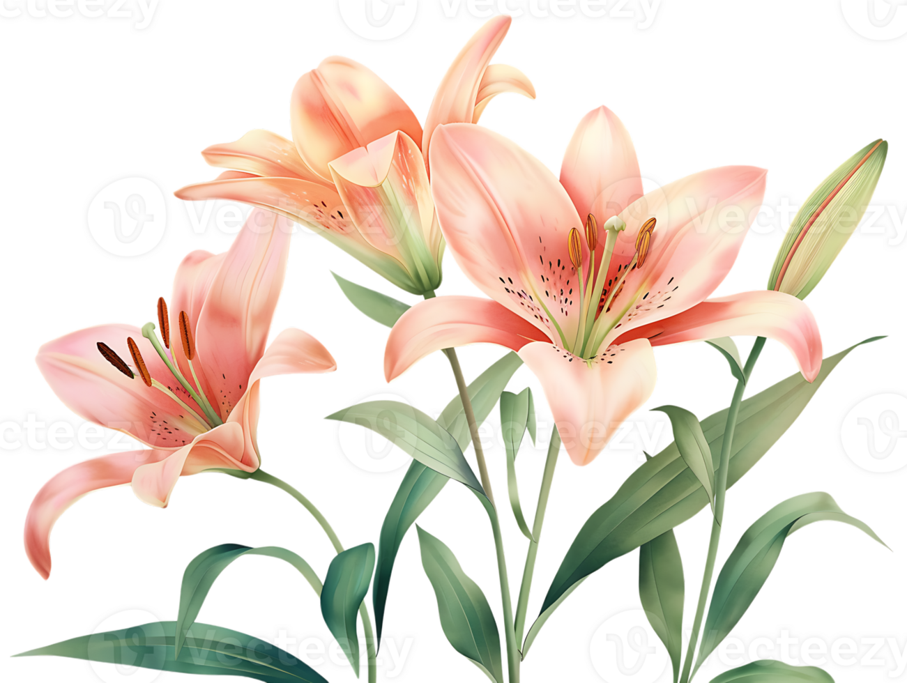 Elegant blooming lilies with buds, against a transparent background png