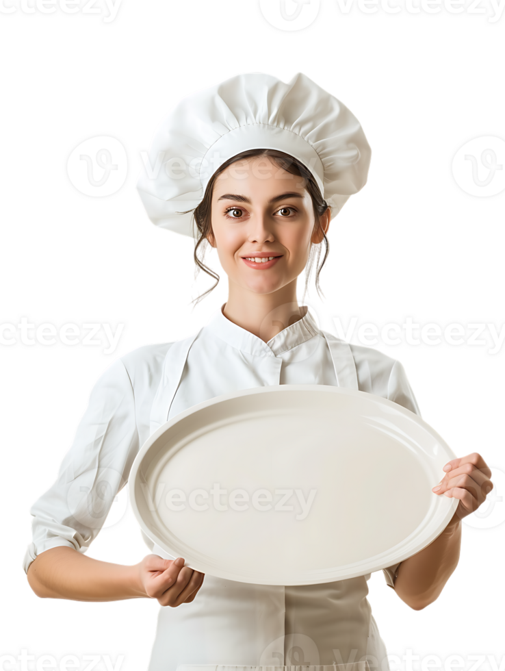 Female baker holding a blank tray, isolated against a transparent background png