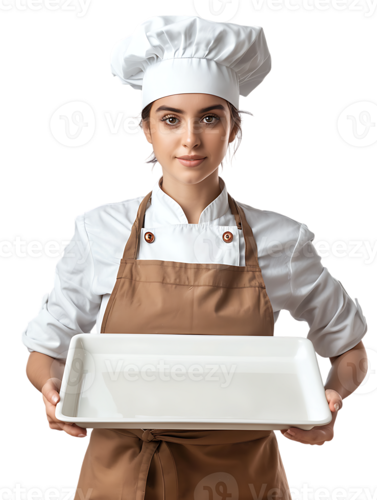 Female baker holding a blank tray, isolated against a transparent background png
