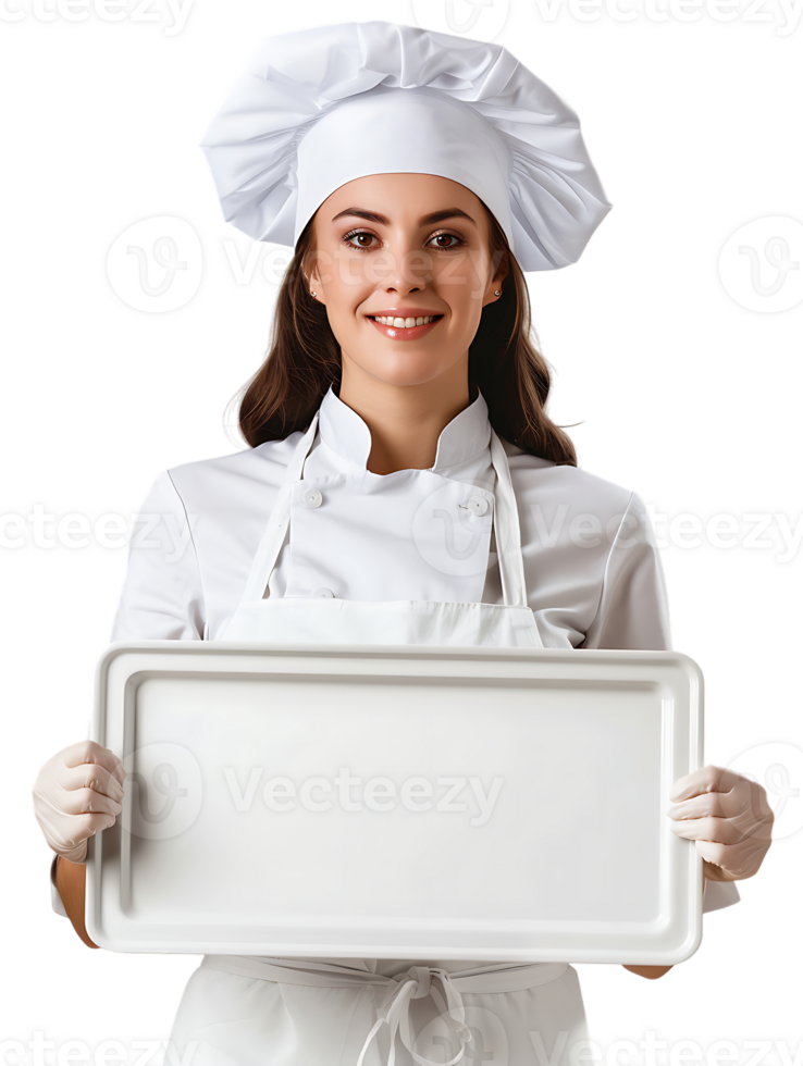 Female baker holding a blank tray, isolated against a transparent background png