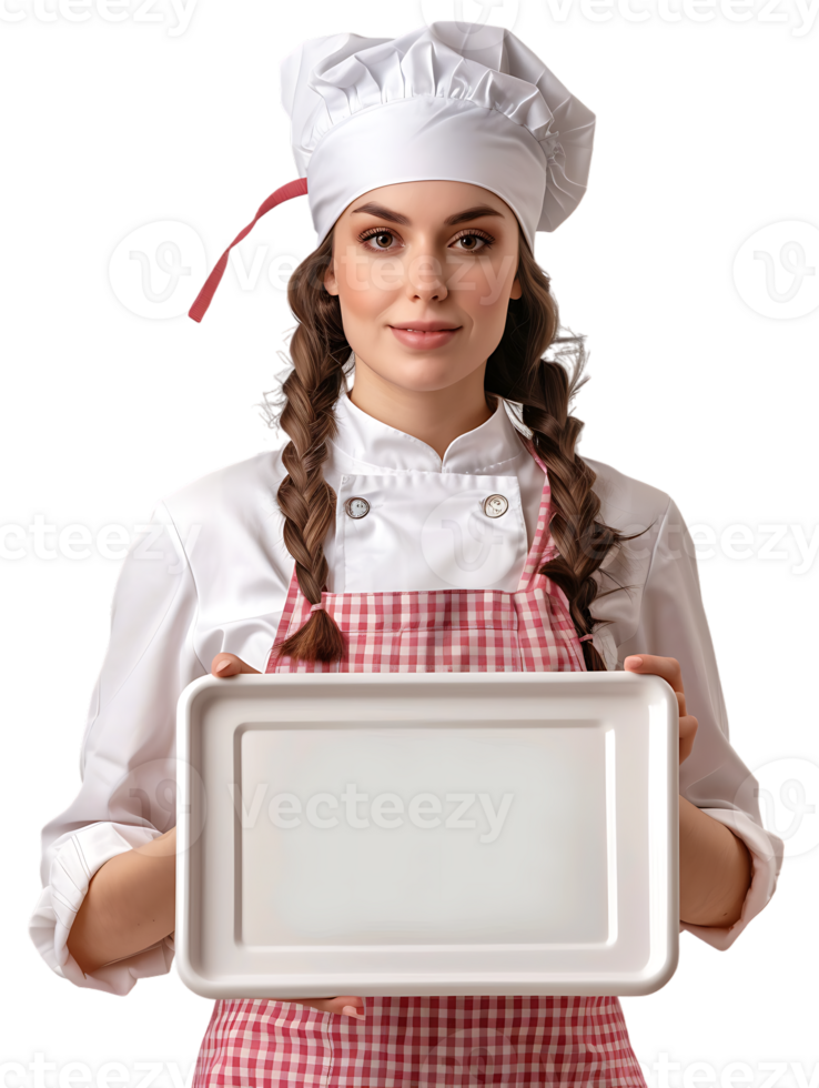 Female baker holding a blank tray, isolated against a transparent background png