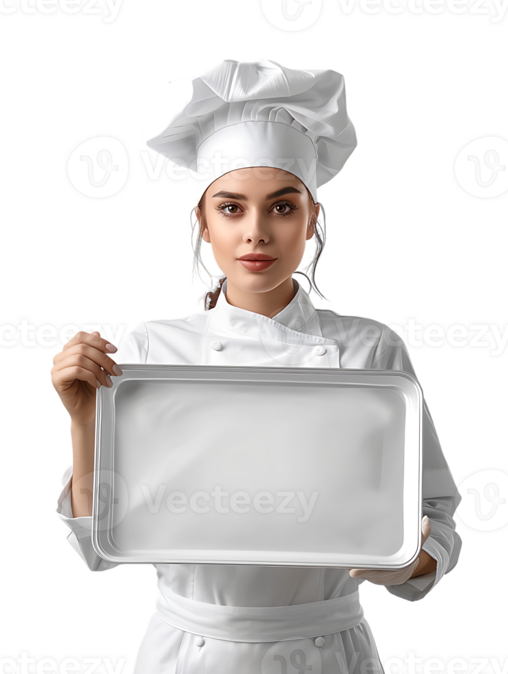 Female baker holding a blank tray, isolated against a transparent background png