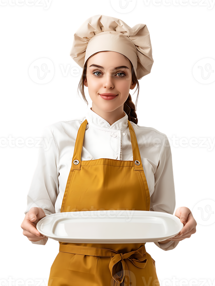 Female baker holding a blank tray, isolated against a transparent background png