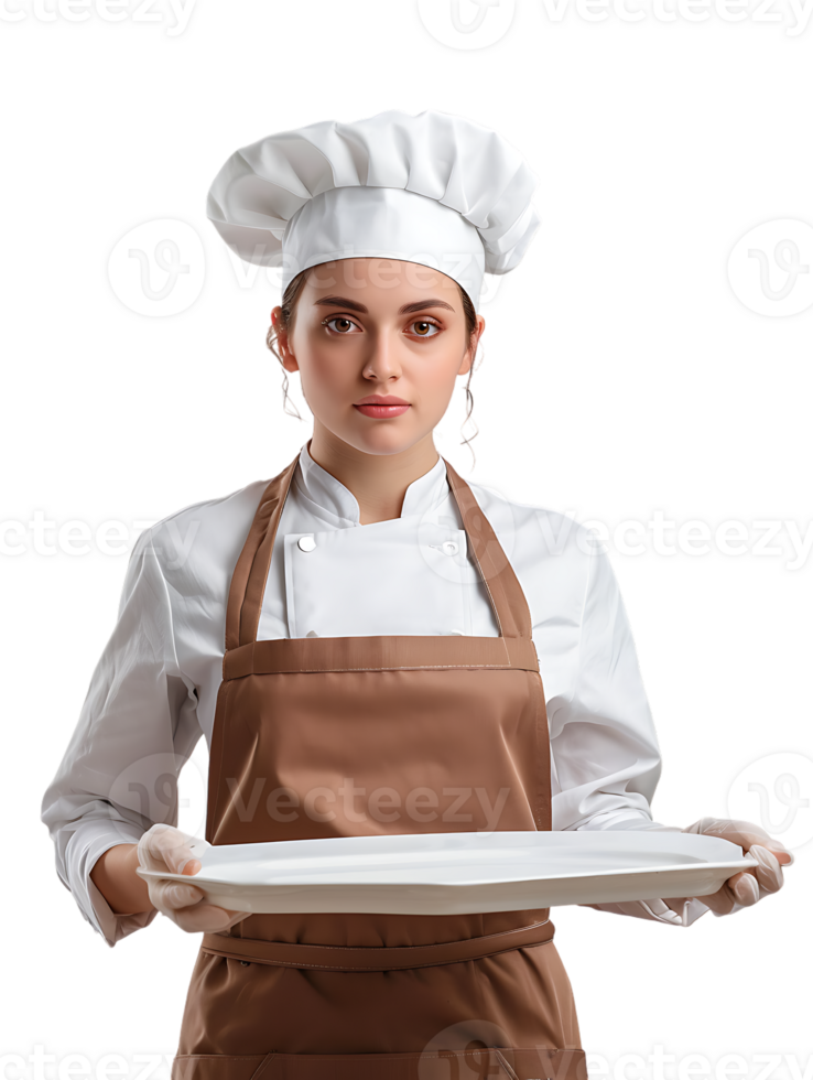 Female baker holding a blank tray, isolated against a transparent background png