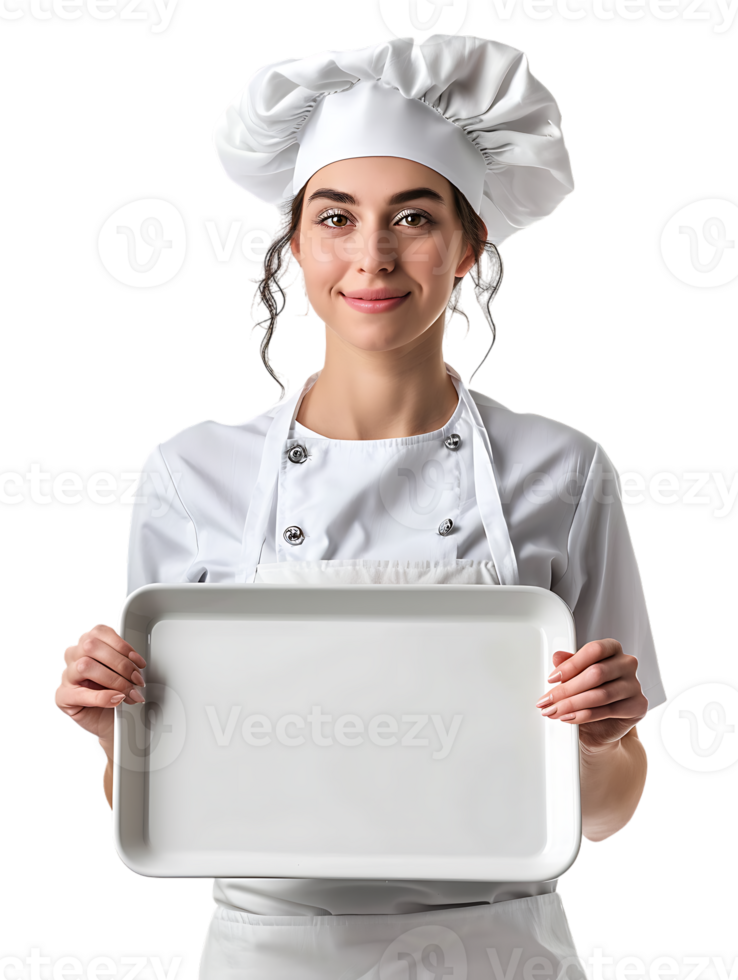 Female baker holding a blank tray, isolated against a transparent background png