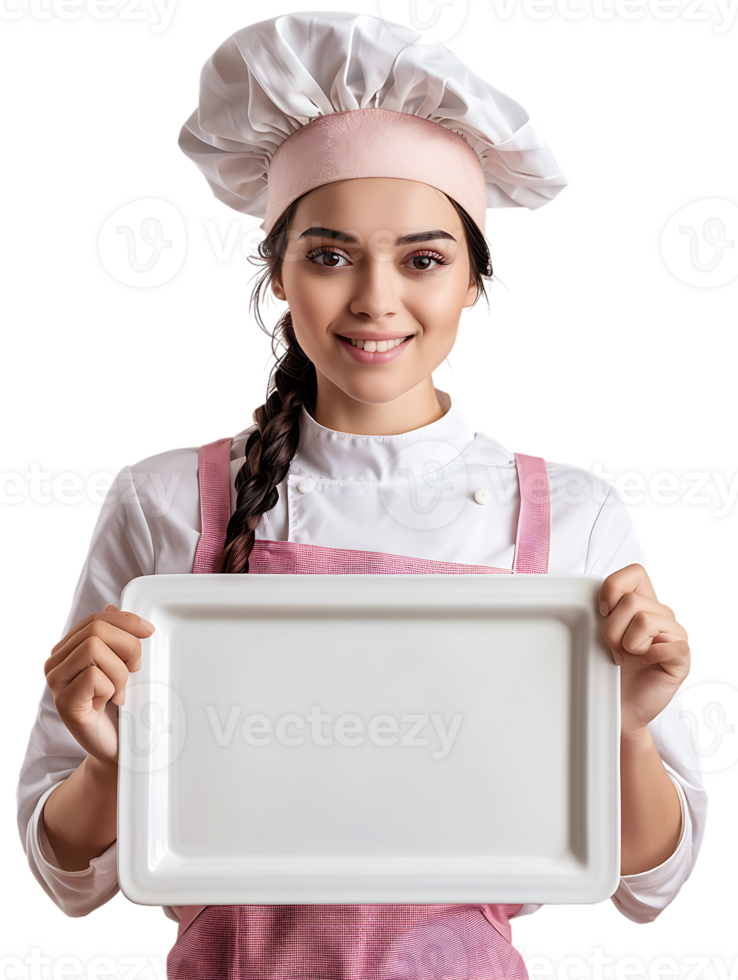 Female baker holding a blank tray, isolated against a transparent background png