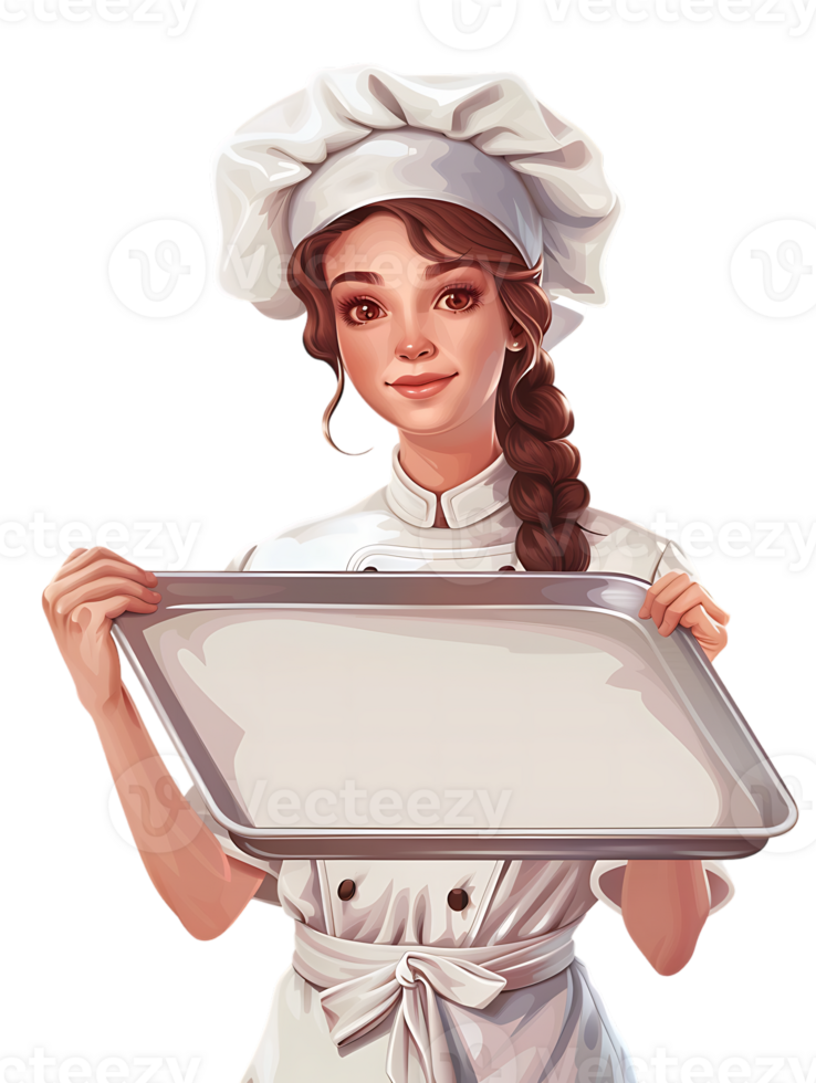 Female baker holding a blank tray, isolated against a transparent background png
