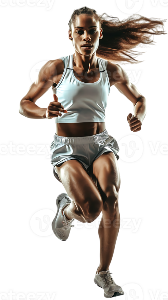 female athlete running from the side, isolated on a transparent background png