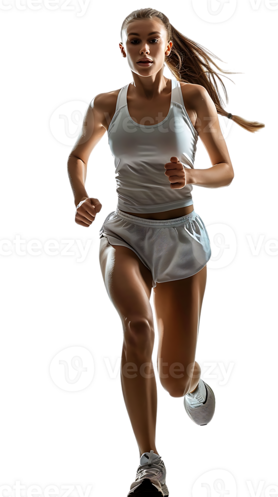 female athlete running from the side, isolated on a transparent background png