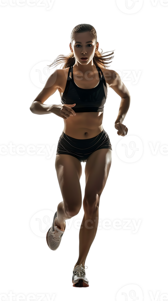 female athlete running from the side, isolated on a transparent background png