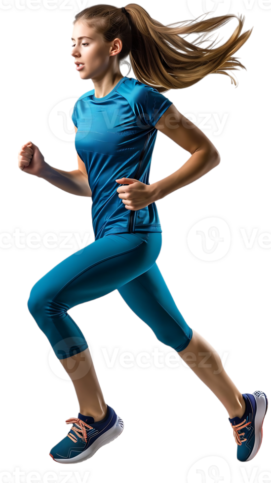 female athlete running from the side, isolated on a transparent background png
