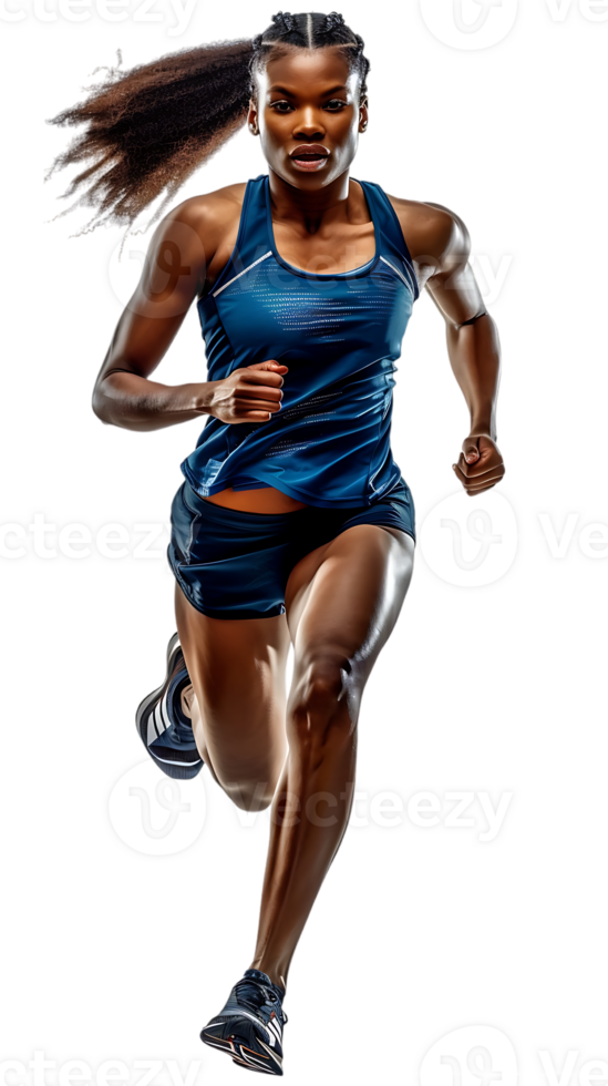 female athlete running from the side, isolated on a transparent background png