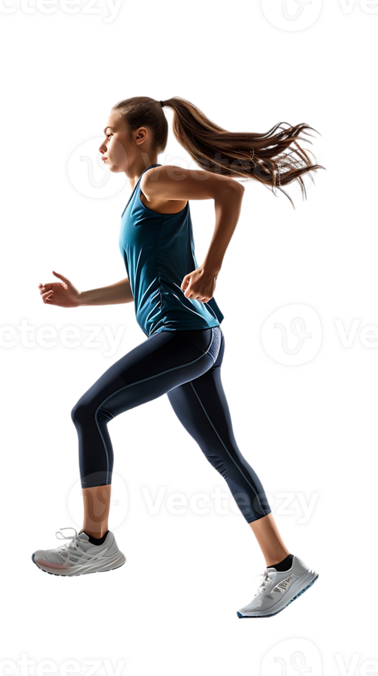 female athlete running from the side, isolated on a transparent background png
