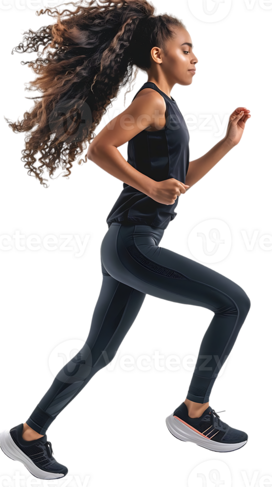 female athlete running from the side, isolated on a transparent background png