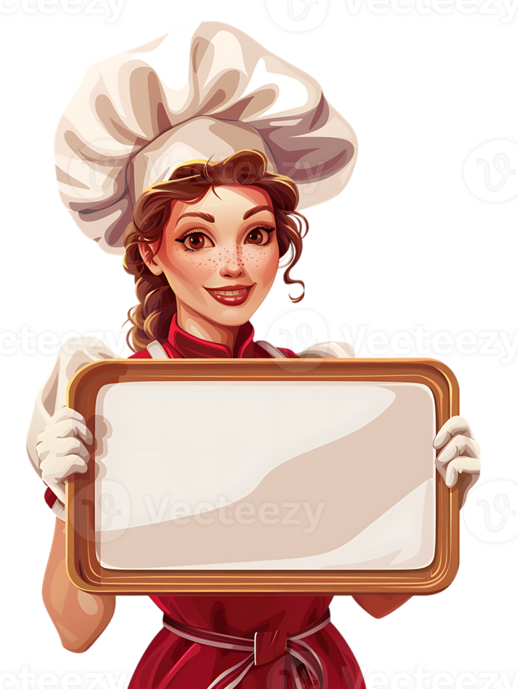 Female baker holding a blank tray, isolated against a transparent background png