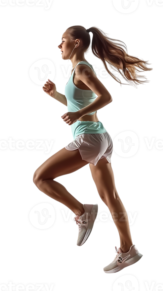 female athlete running from the side, isolated on a transparent background png