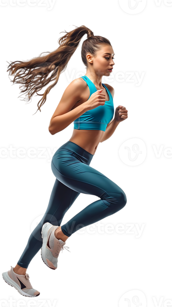 female athlete running from the side, isolated on a transparent background png