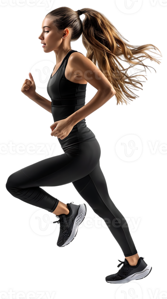 female athlete running from the side, isolated on a transparent background png
