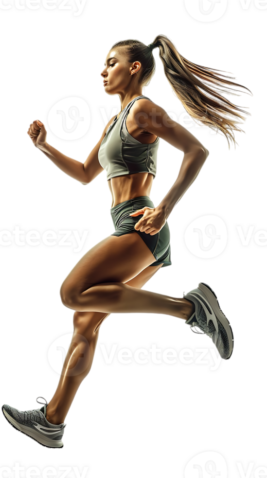 female athlete running from the side, isolated on a transparent background png