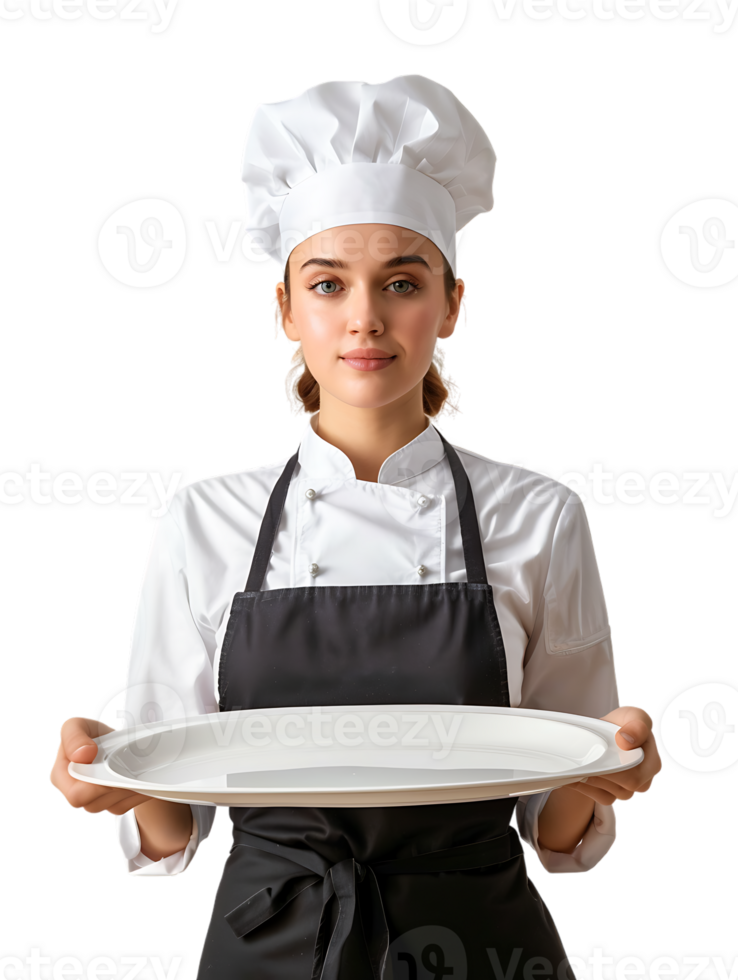 Female baker holding a blank tray, isolated against a transparent background png