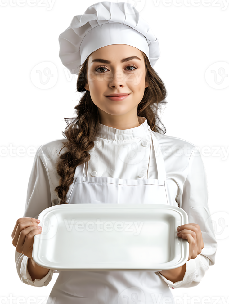 Female baker holding a blank tray, isolated against a transparent background png