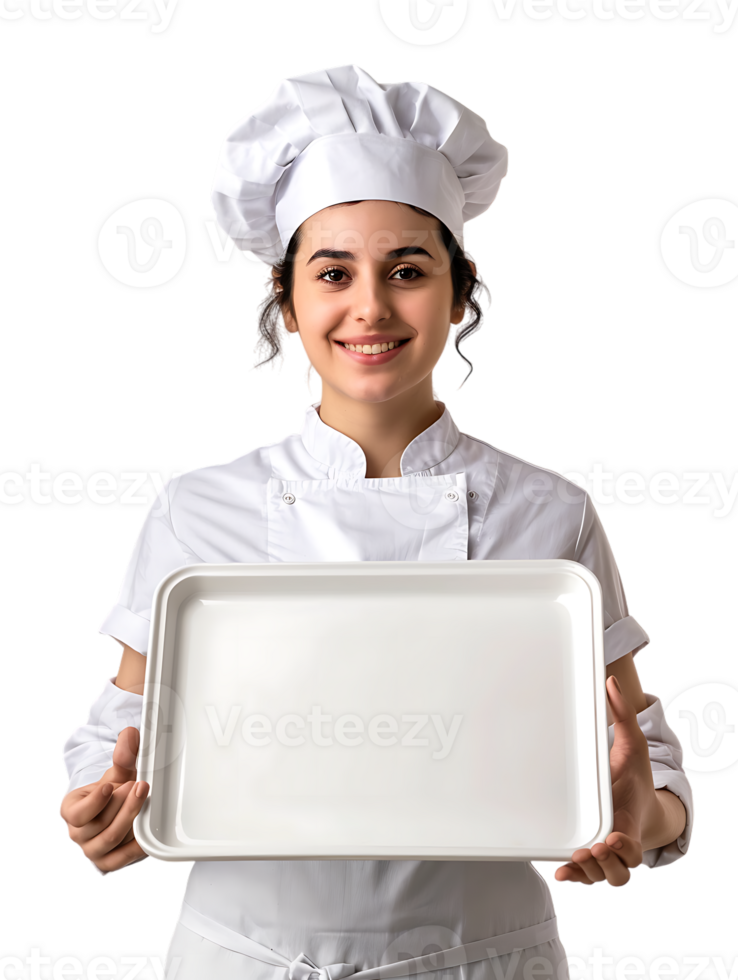 Female baker holding a blank tray, isolated against a transparent background png