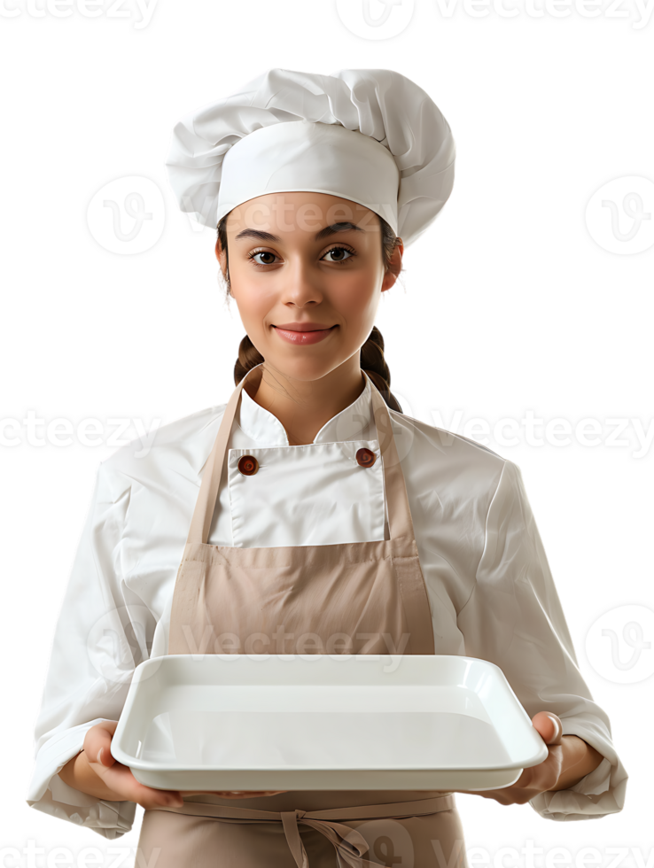 Female baker holding a blank tray, isolated against a transparent background png