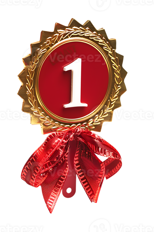 First place ribbon badge with 1 on it, isolated against a transparent background png
