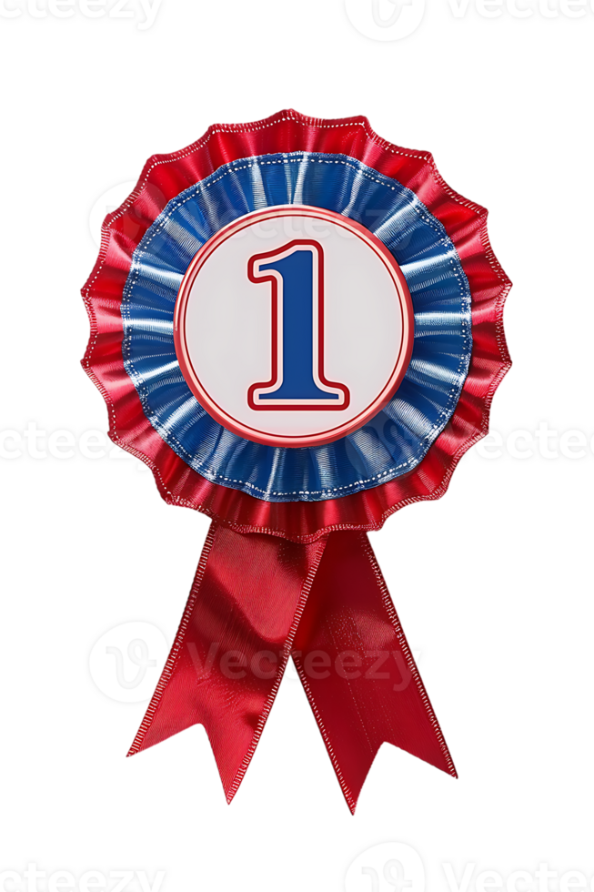 First place ribbon badge with 1 on it, isolated against a transparent background png