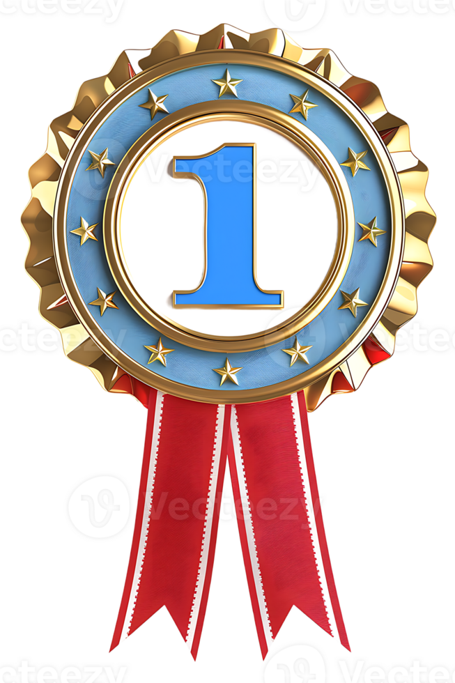 First place ribbon badge with 1 on it, isolated against a transparent background png