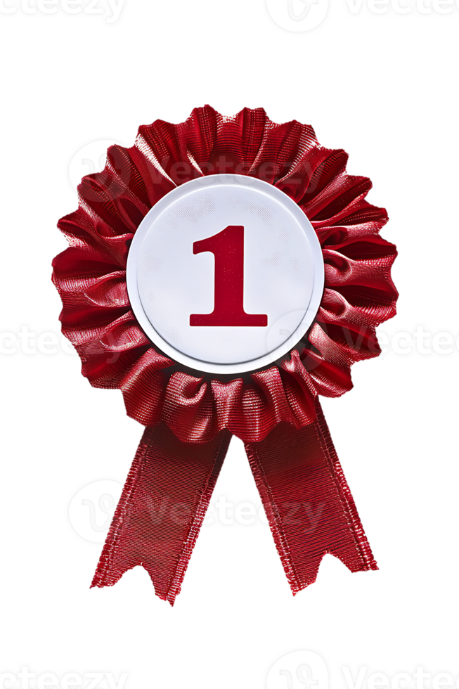 First place ribbon badge with 1 on it, isolated against a transparent background png