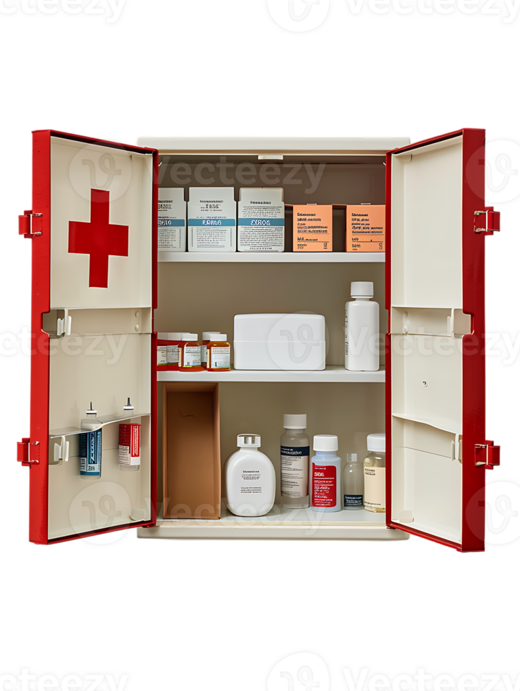 first aid wall cabinet with products, isolated against a transparent background png