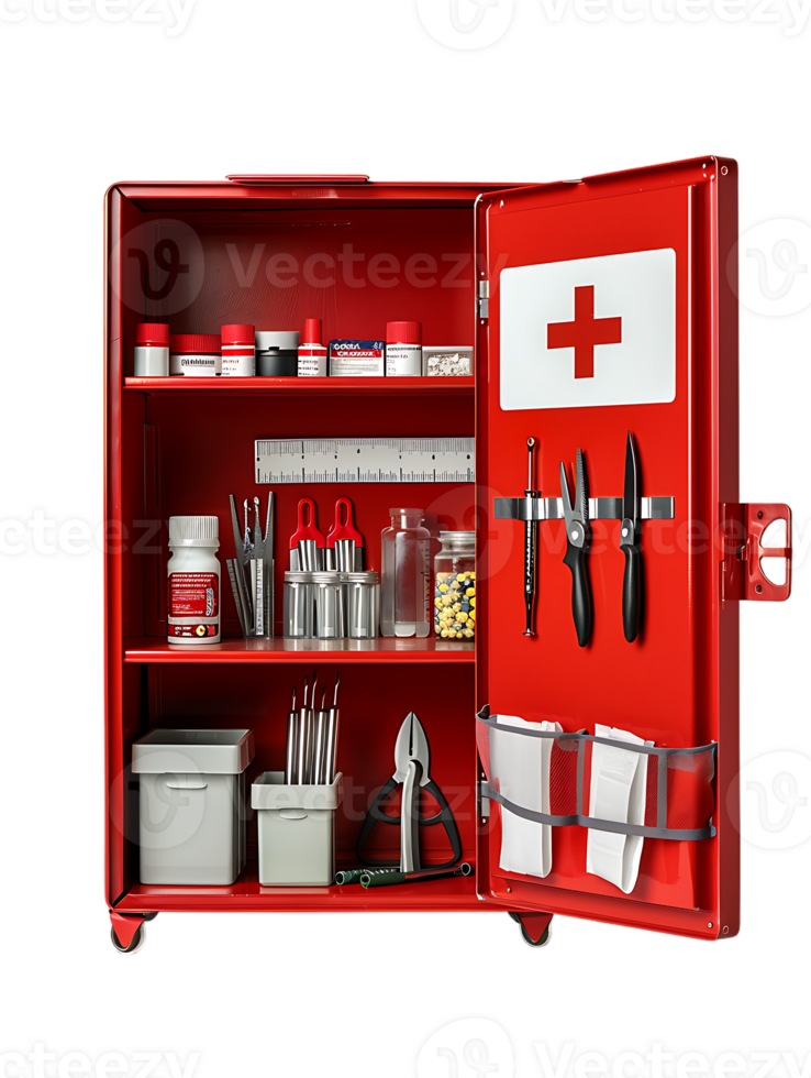 first aid wall cabinet with products, isolated against a transparent background png