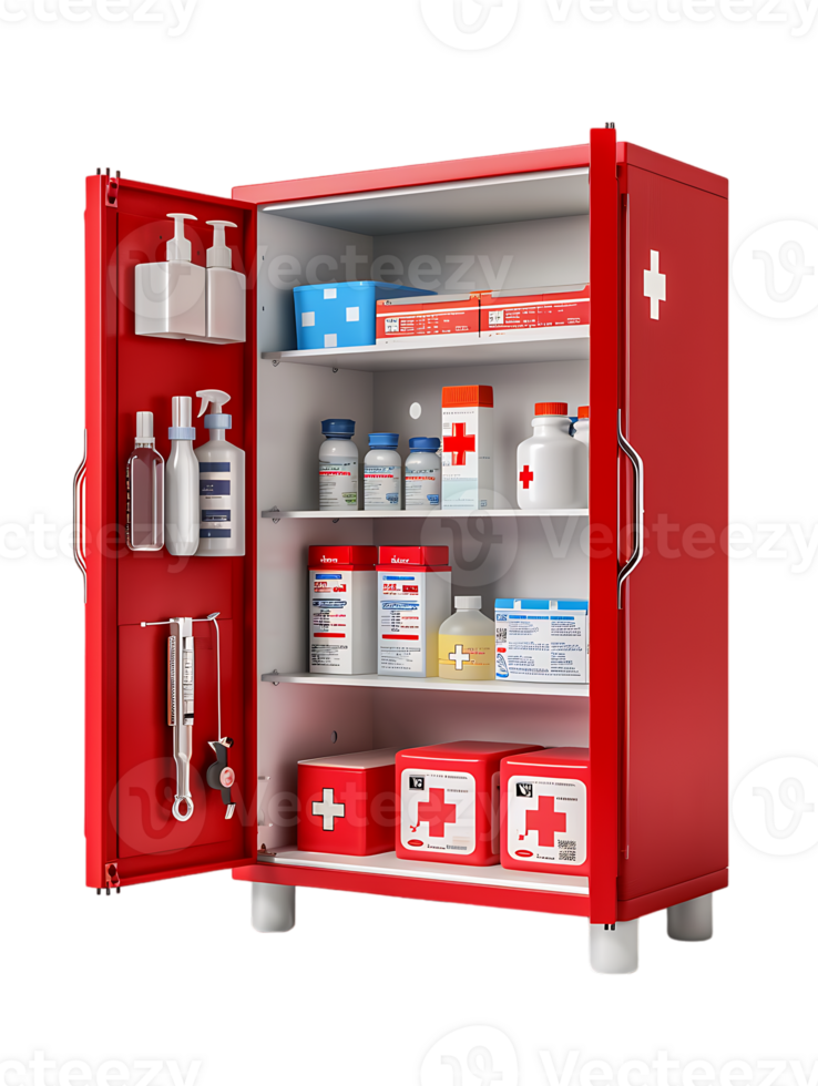 first aid wall cabinet with products, isolated against a transparent background png