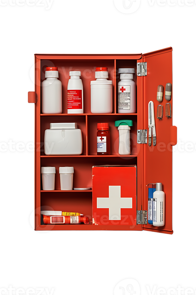 first aid wall cabinet with products, isolated against a transparent background png