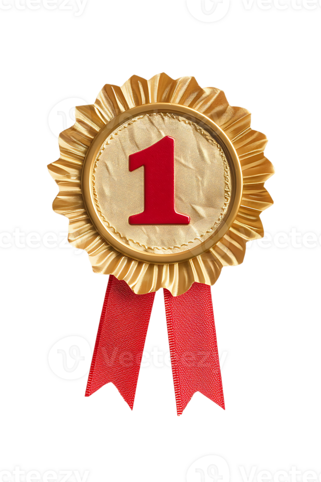 First place ribbon badge with 1 on it, isolated against a transparent background png