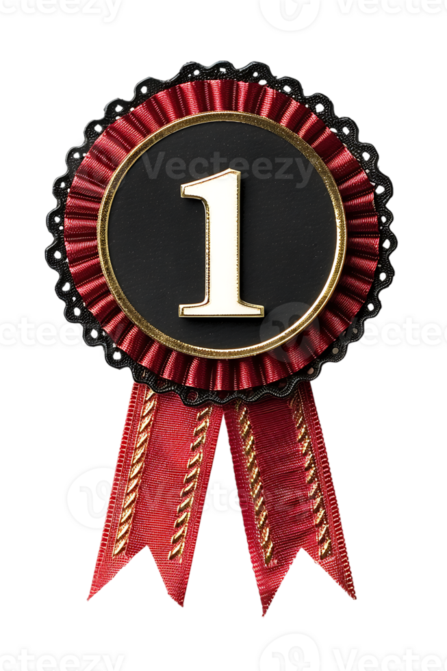 First place ribbon badge with 1 on it, isolated against a transparent background png